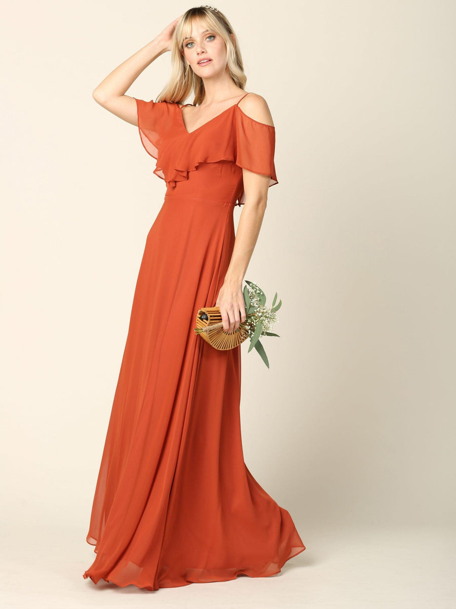 Long Off Shoulder Formal Bridesmaids Chiffon Dress - The Dress Outlet