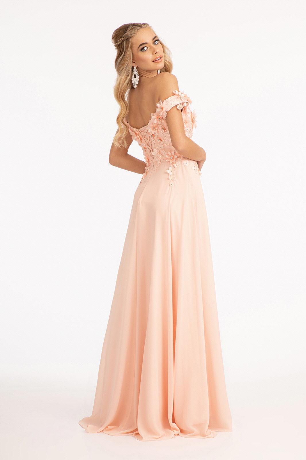 Long Off Shoulder Formal Chiffon Prom Gown Blush