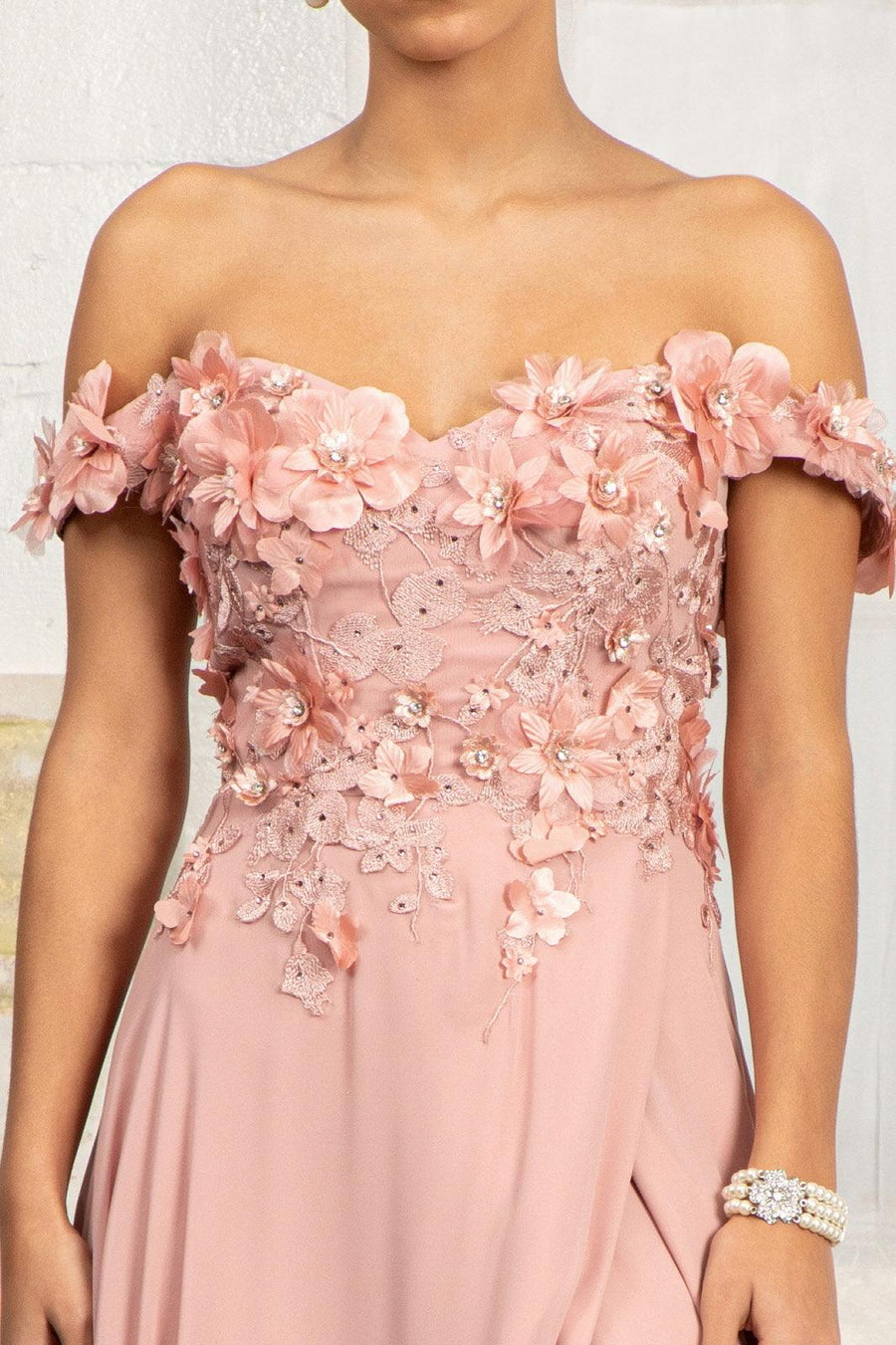 Long Off Shoulder Formal Chiffon Prom Gown Dusty Rose