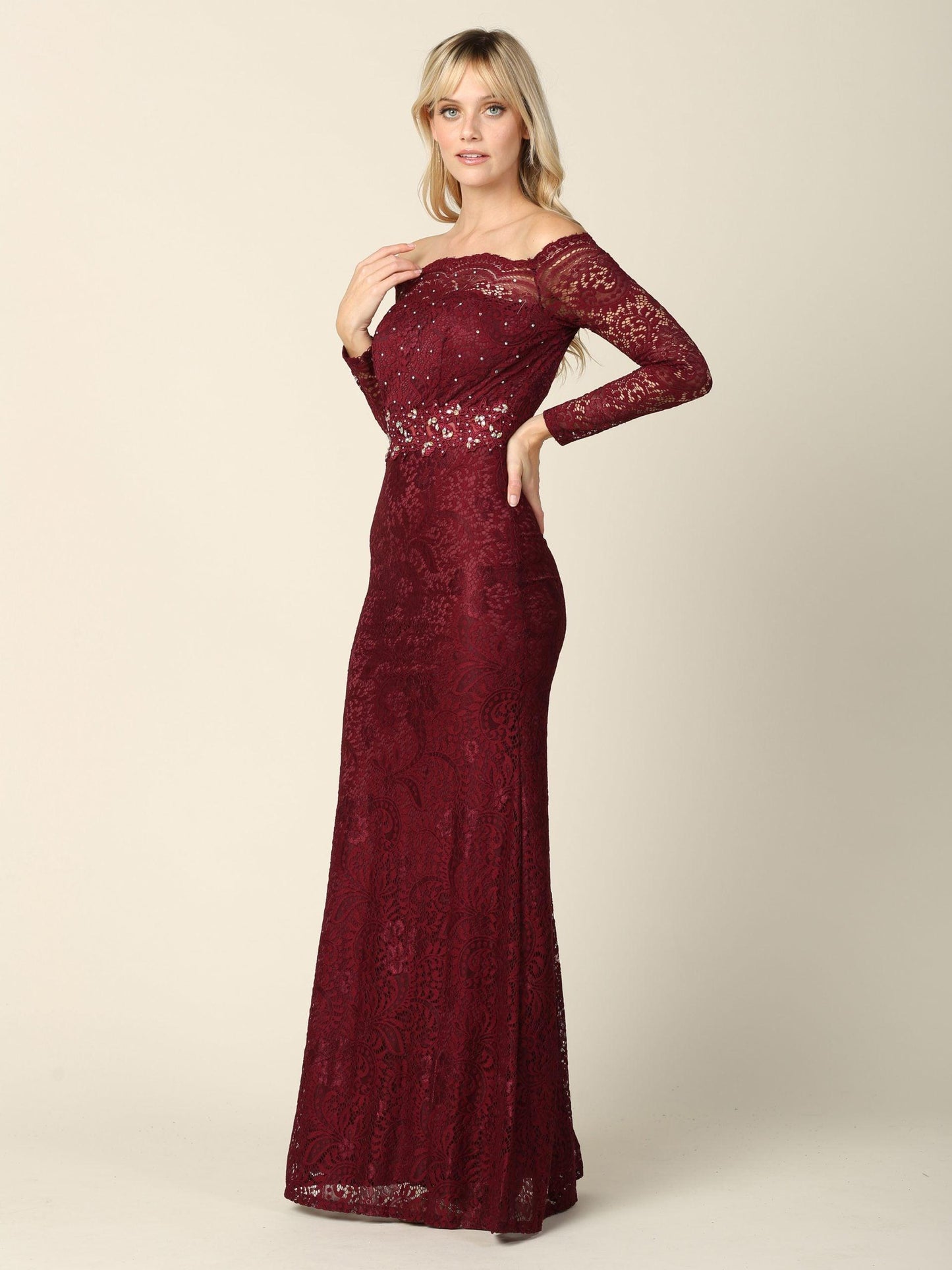 Long Off Shoulder Formal Lace Evening Party Dress - The Dress Outlet