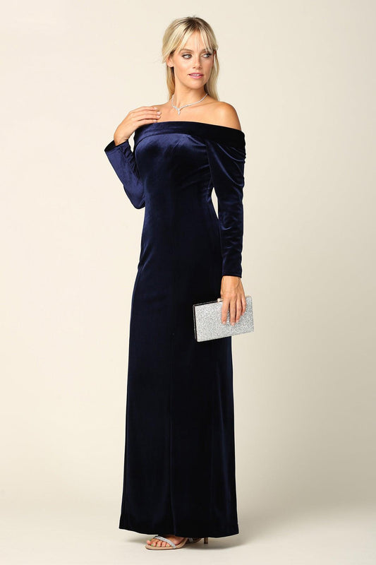 Long Off Shoulder Formal Velvet Dress - The Dress Outlet