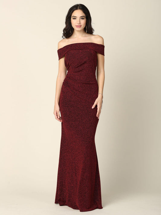 Long Off Shoulder Metallic Fitted Formal Dress Sale - The Dress Outlet