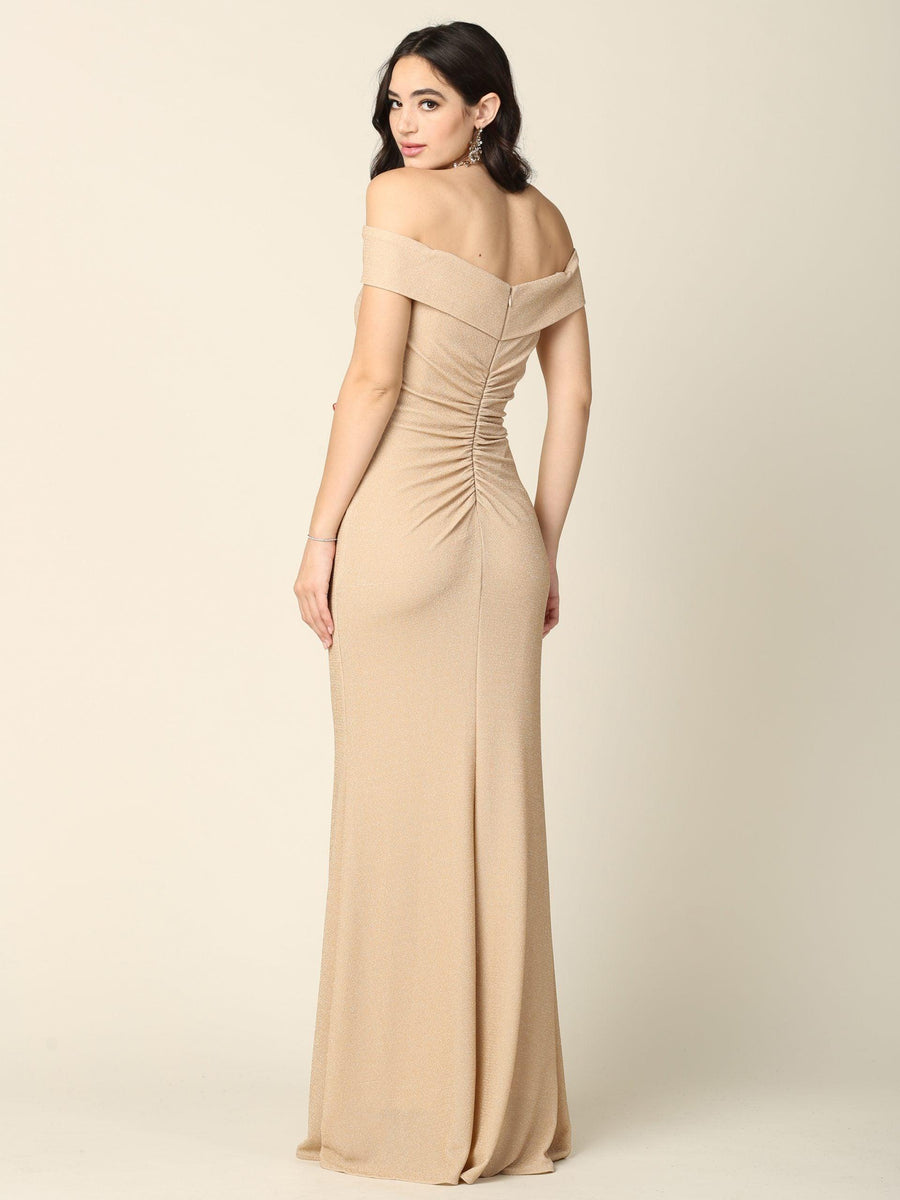 Long Off Shoulder Metallic Fitted Formal Dress Sale - The Dress Outlet