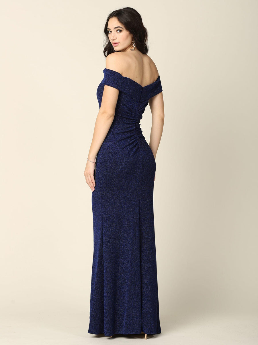 Long Off Shoulder Metallic Fitted Formal Dress - The Dress Outlet