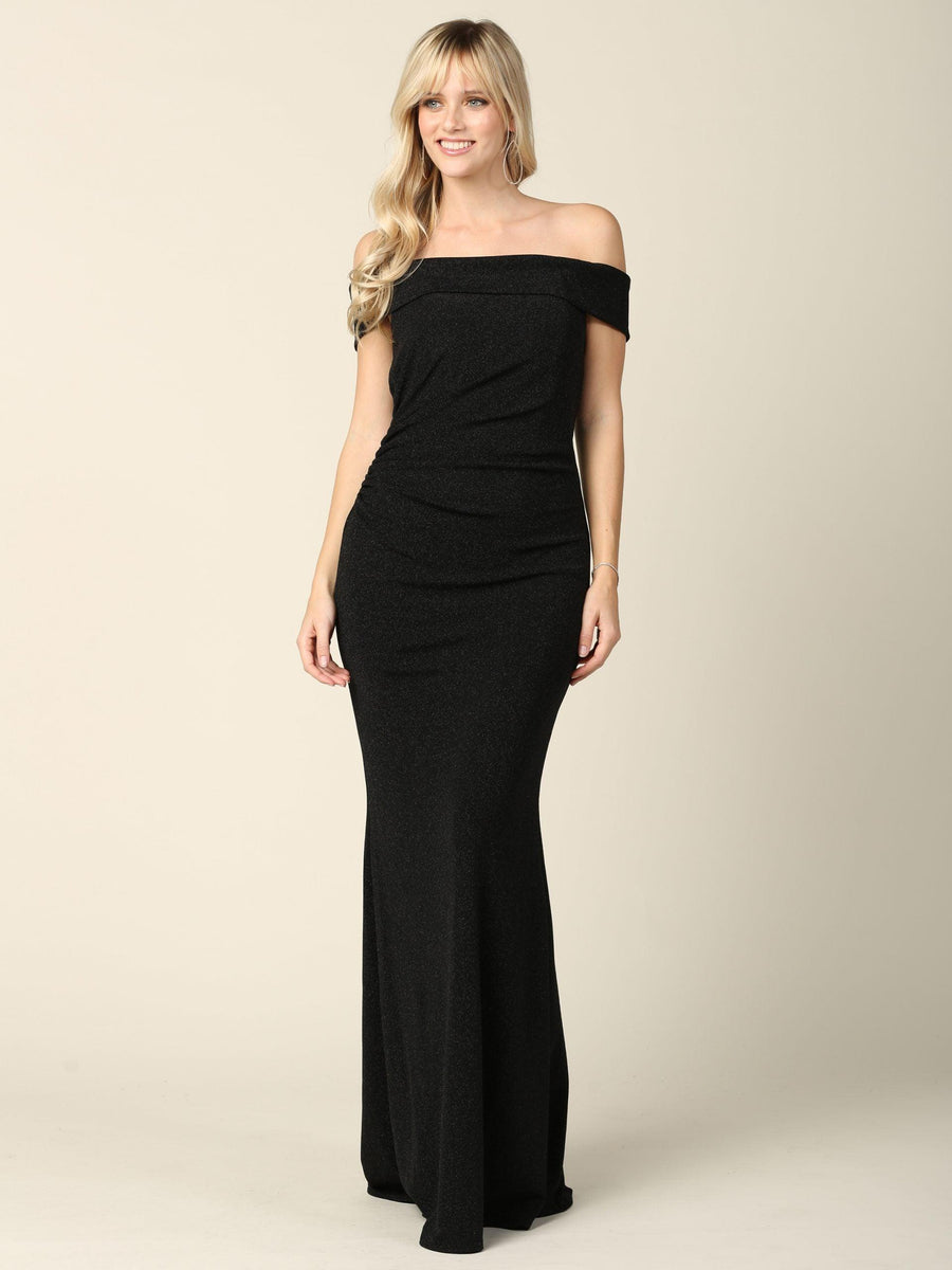 Long Off Shoulder Metallic Fitted Formal Dress - The Dress Outlet