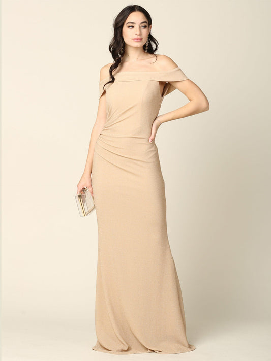 Long Off Shoulder Metallic Fitted Formal Dress - The Dress Outlet