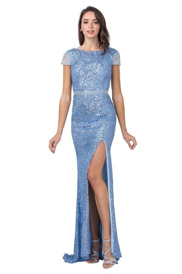 Long Prom Formal Beaded Cap Sleeves Evening Dress - The Dress Outlet