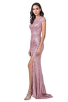 Long Prom Formal Beaded Cap Sleeves Evening Dress - The Dress Outlet