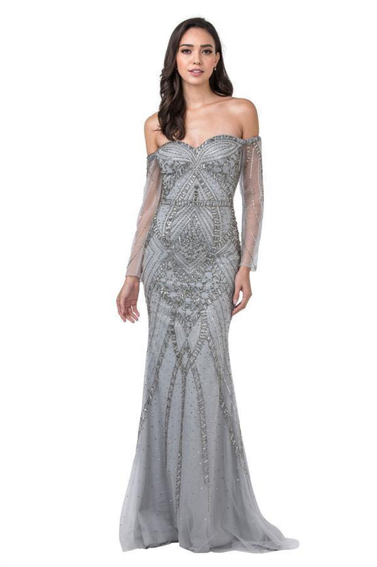 Long  Sleeve Formal Beaded Off Shoulder Evening Dress - The Dress Outlet