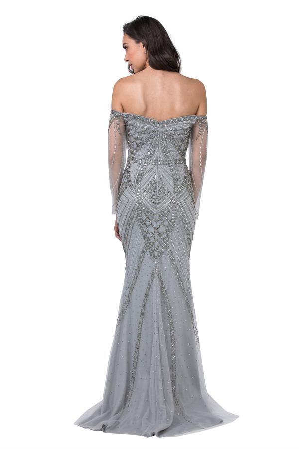 Long  Sleeve Formal Beaded Off Shoulder Evening Dress - The Dress Outlet