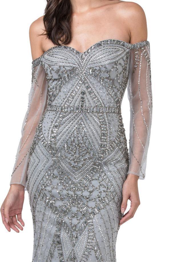 Long  Sleeve Formal Beaded Off Shoulder Evening Dress - The Dress Outlet