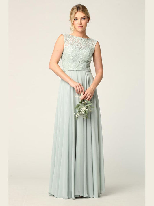 Long Sleeveless Bridesmaids Lace Chiffon Dress - The Dress Outlet