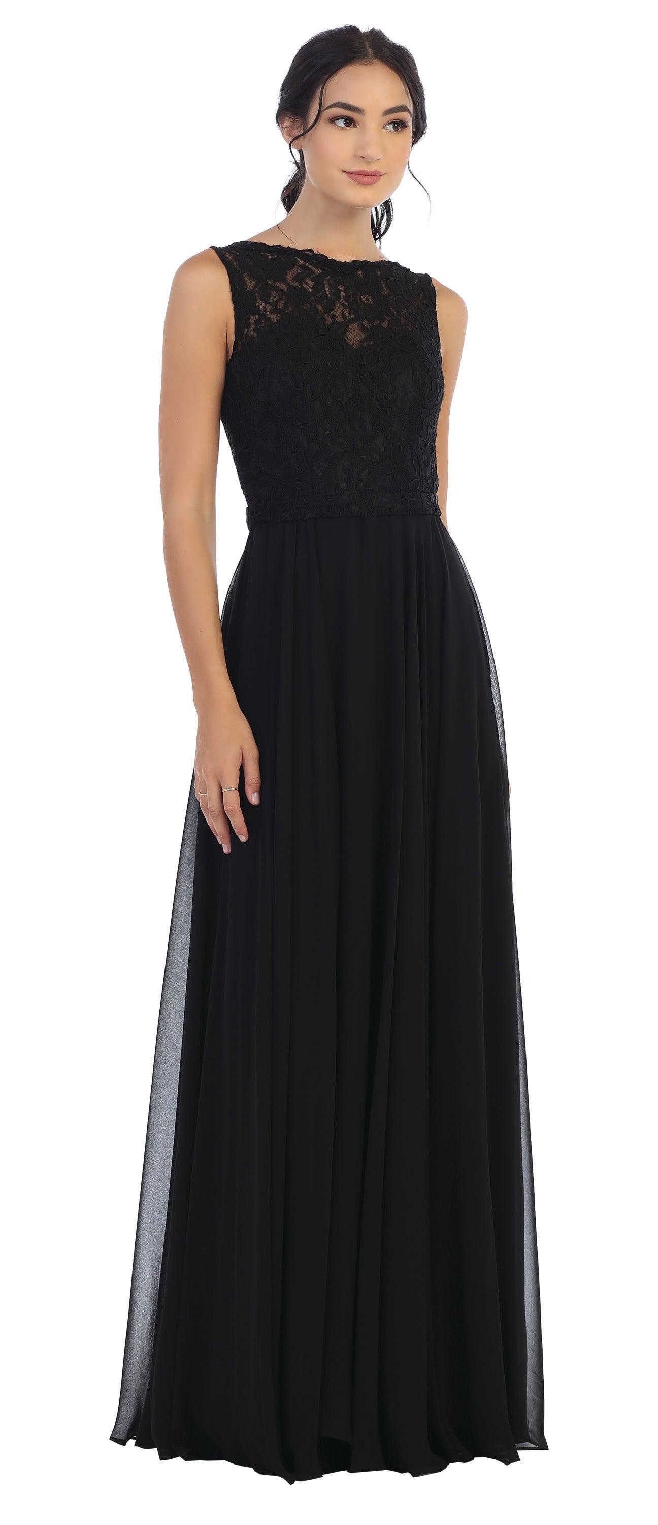 Long Sleeveless Bridesmaids Lace Chiffon Dress - The Dress Outlet