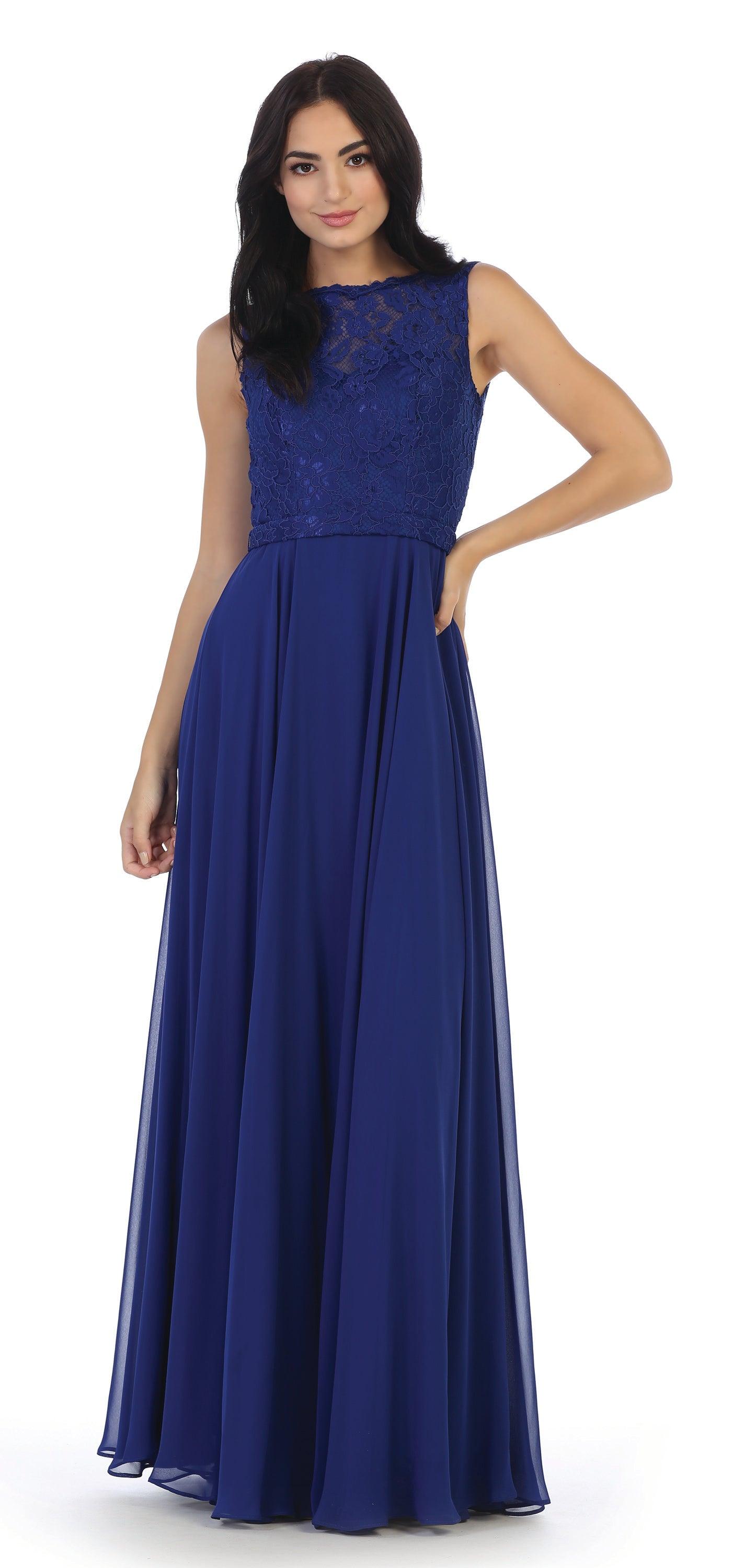 Long Sleeveless Bridesmaids Lace Chiffon Dress - The Dress Outlet