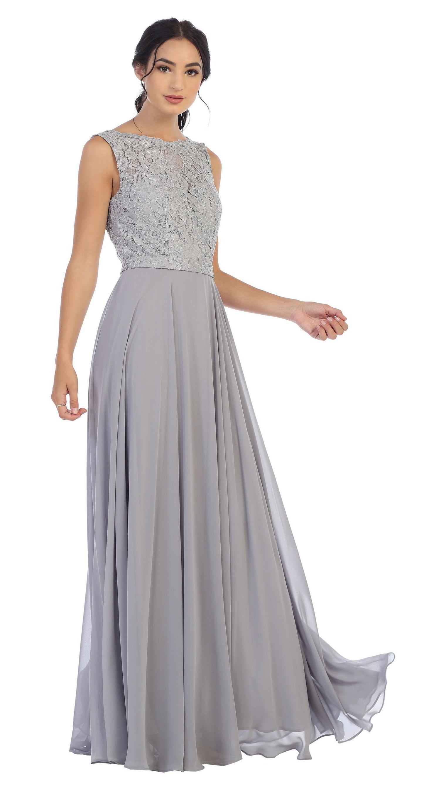 Long Sleeveless Bridesmaids Lace Chiffon Dress - The Dress Outlet