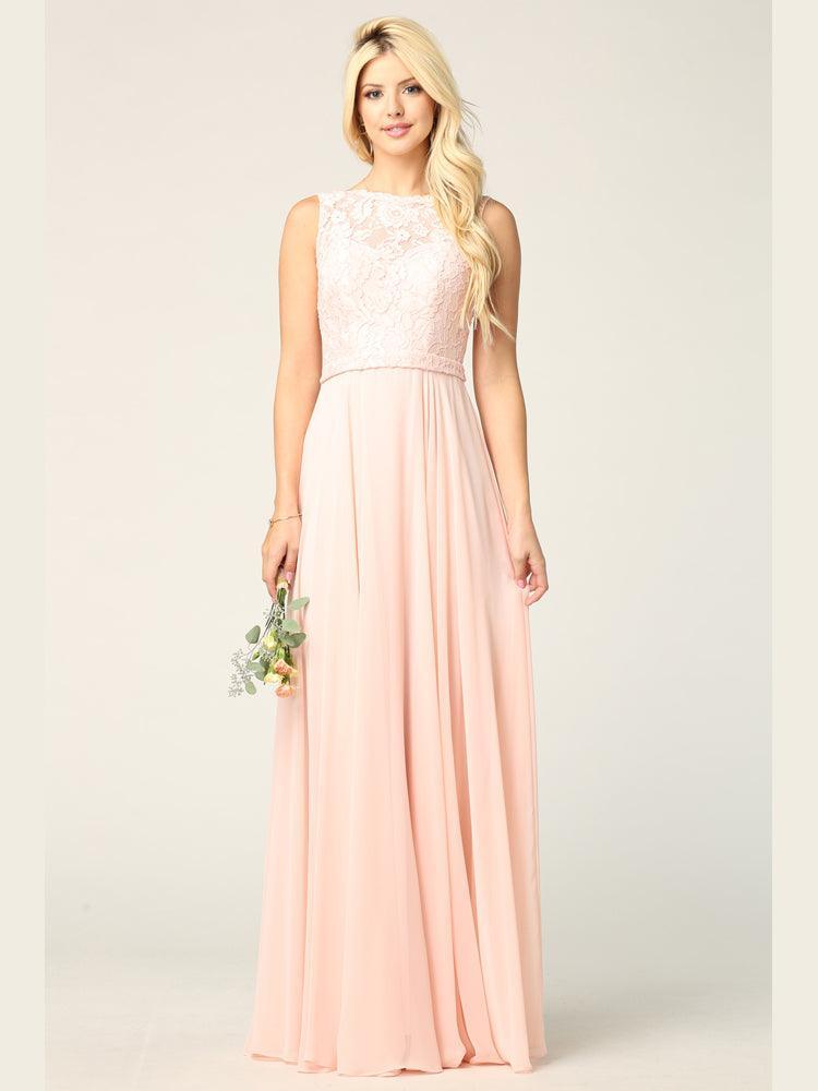 Long Sleeveless Bridesmaids Lace Chiffon Dress - The Dress Outlet