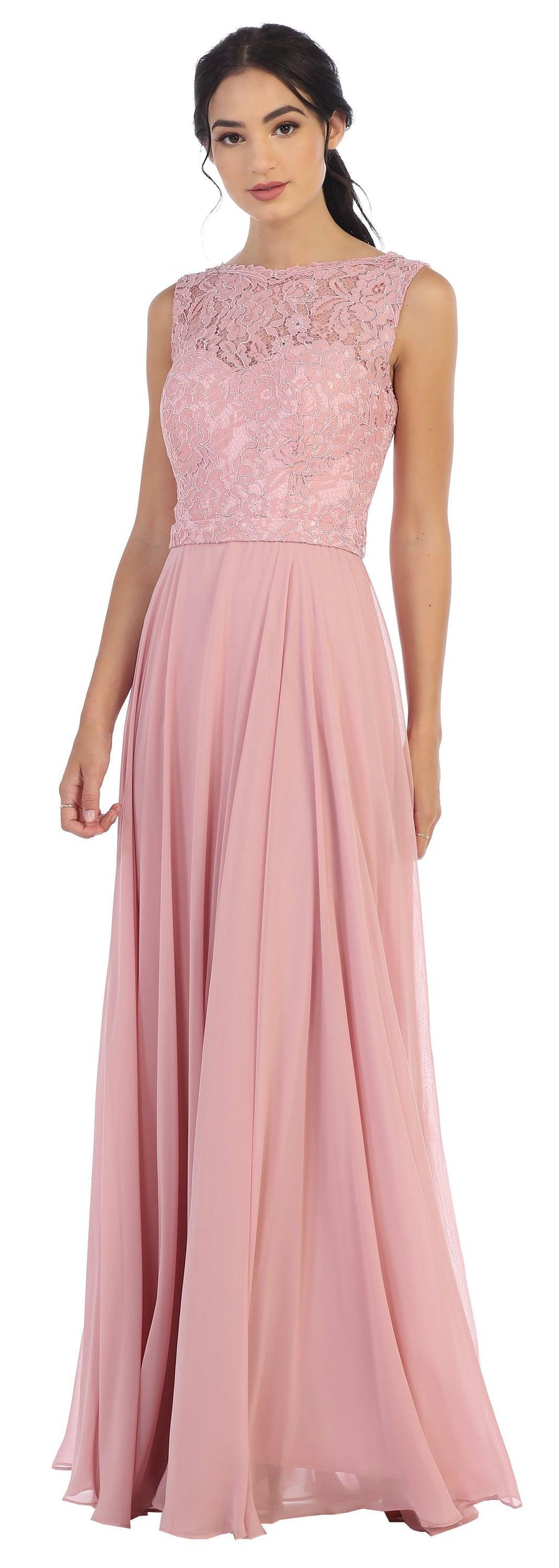 Long Sleeveless Bridesmaids Lace Chiffon Dress - The Dress Outlet