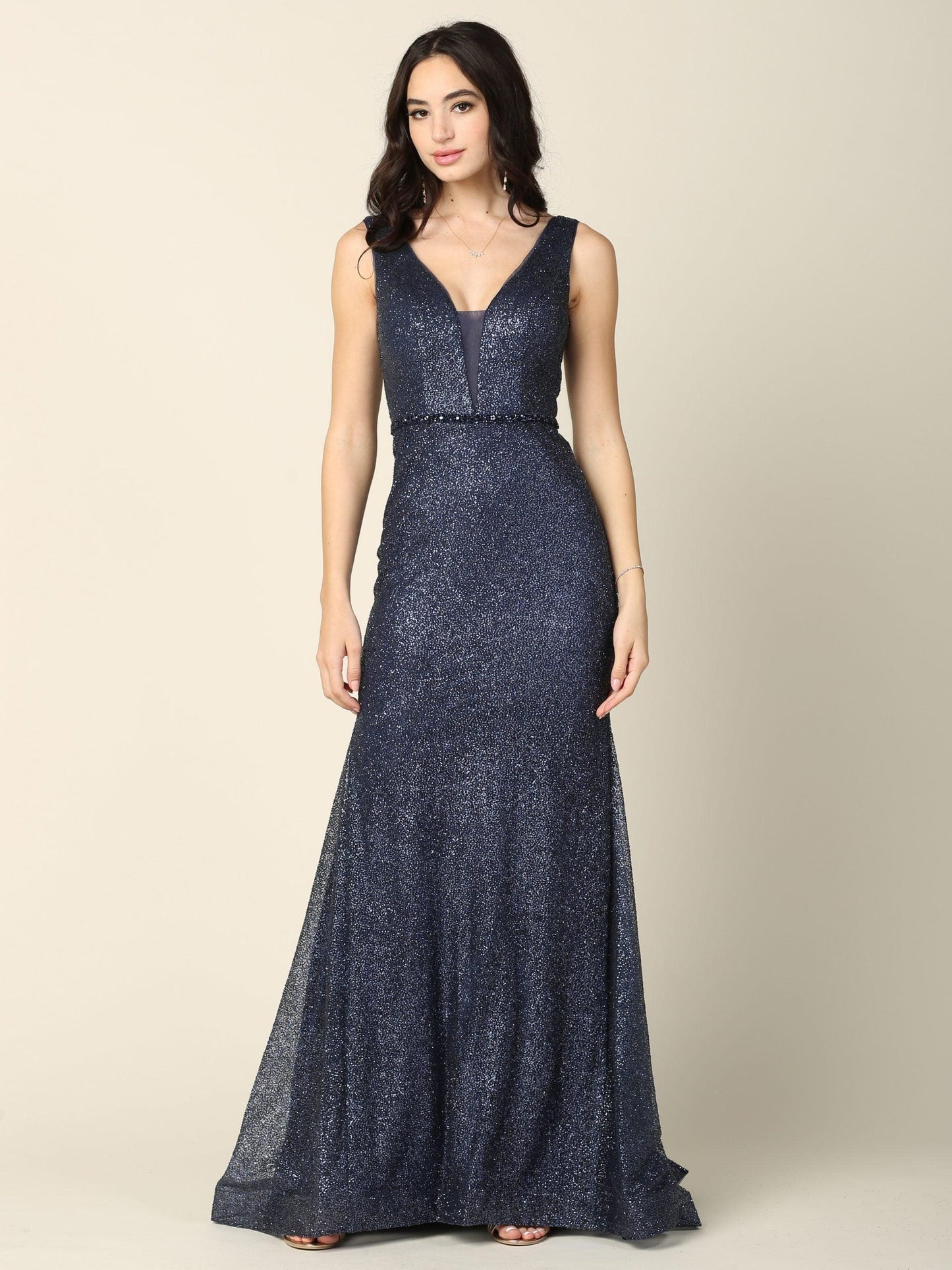 Long Sleeveless Fitted Formal Glitter Dress - The Dress Outlet