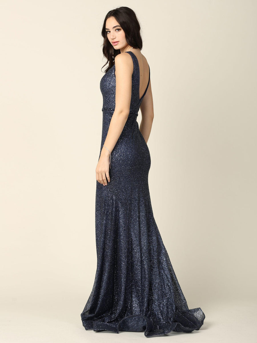 Long Sleeveless Fitted Formal Glitter Dress - The Dress Outlet