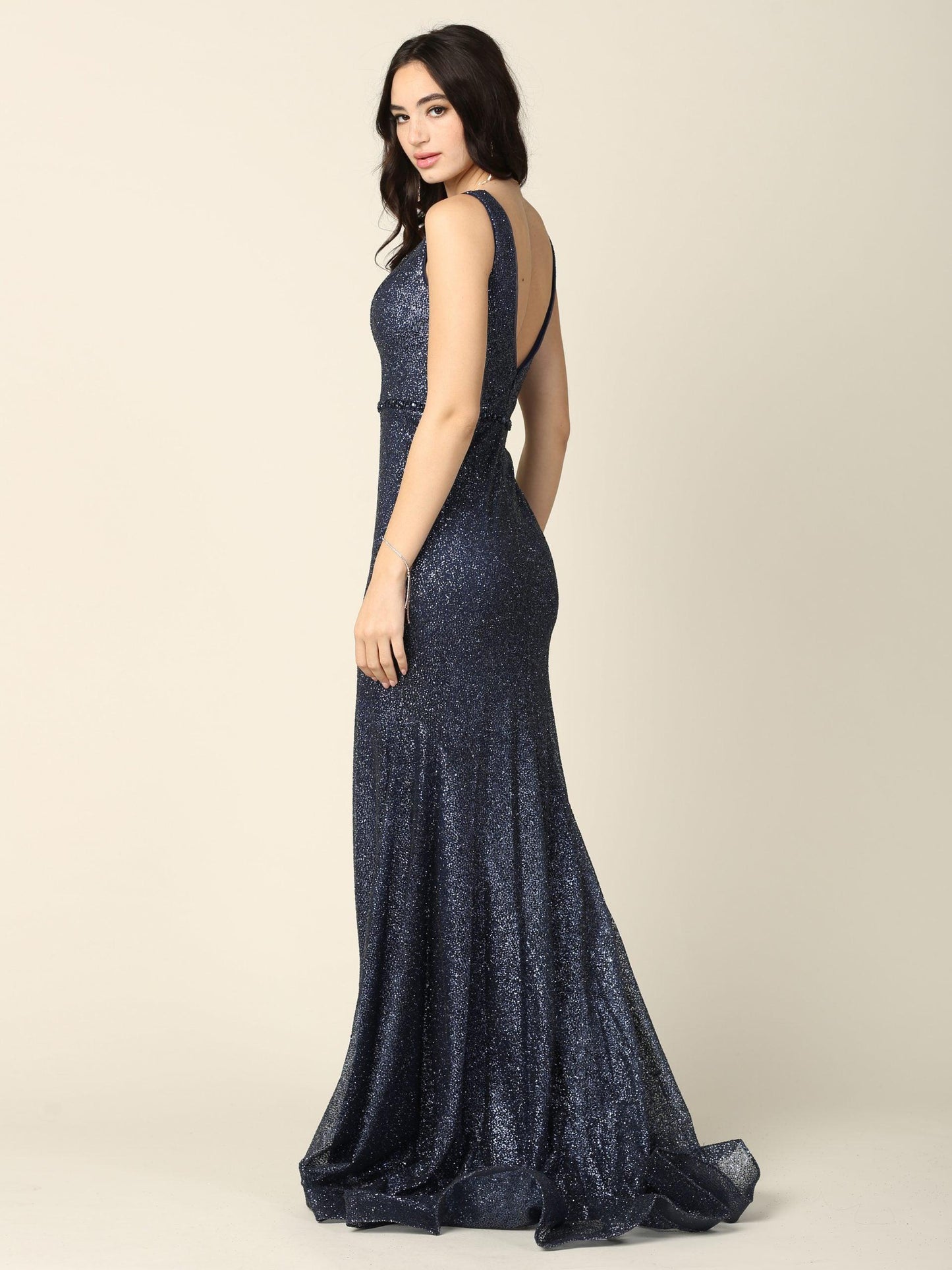 Long Sleeveless Fitted Formal Glitter Dress - The Dress Outlet