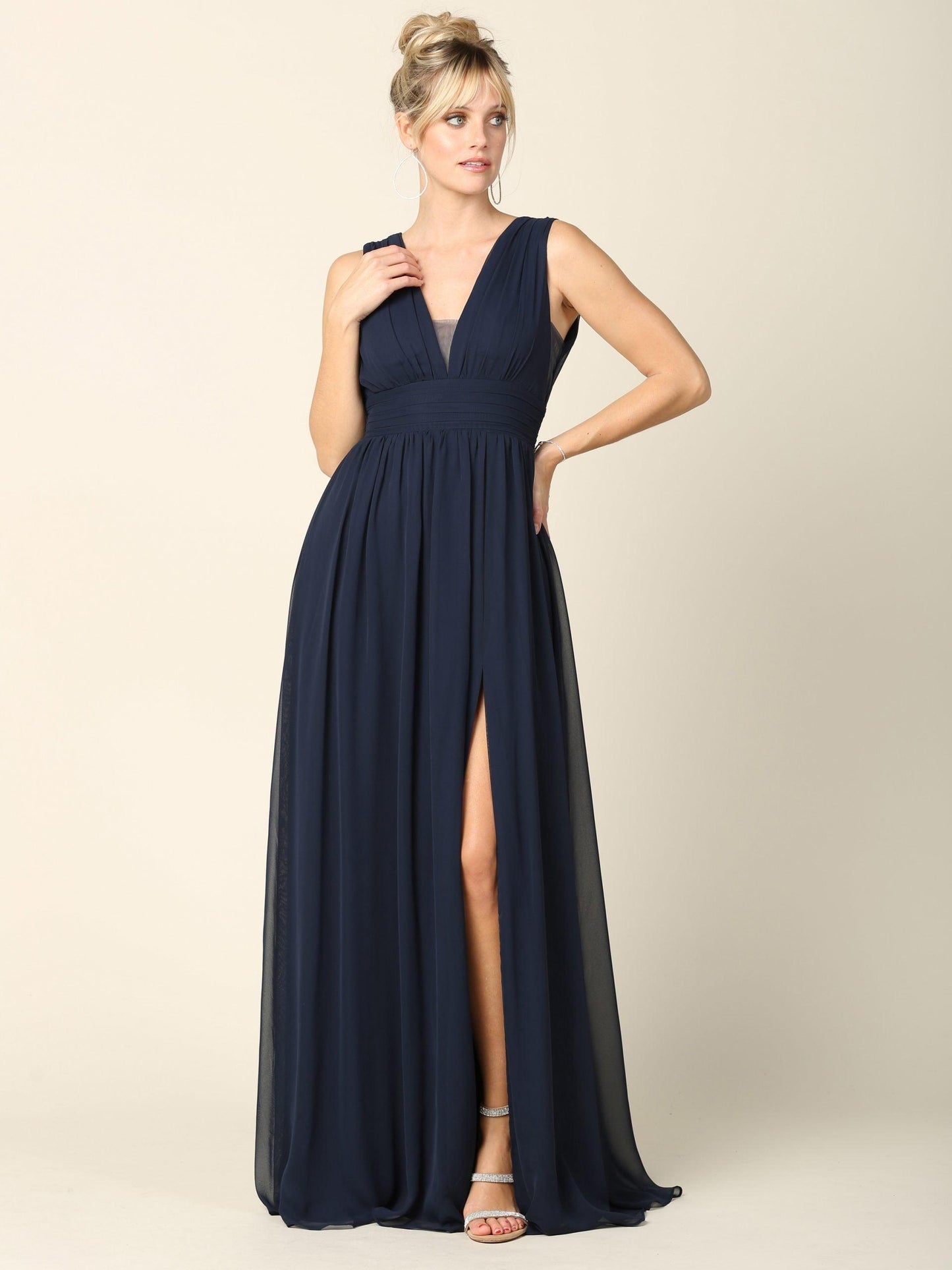 Long Sleeveless Formal Bridesmaids V Neck Dress - The Dress Outlet