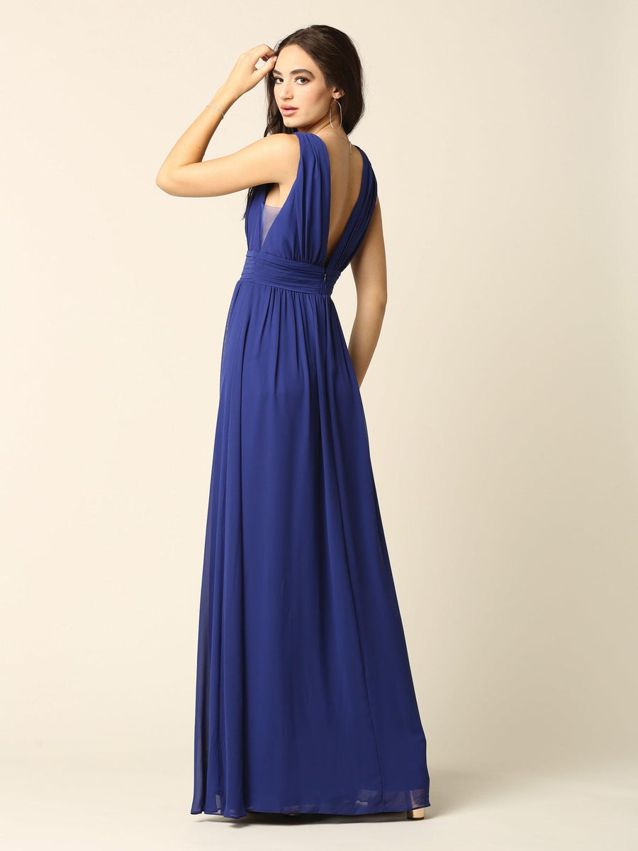 Long Sleeveless Formal Bridesmaids V Neck Dress - The Dress Outlet