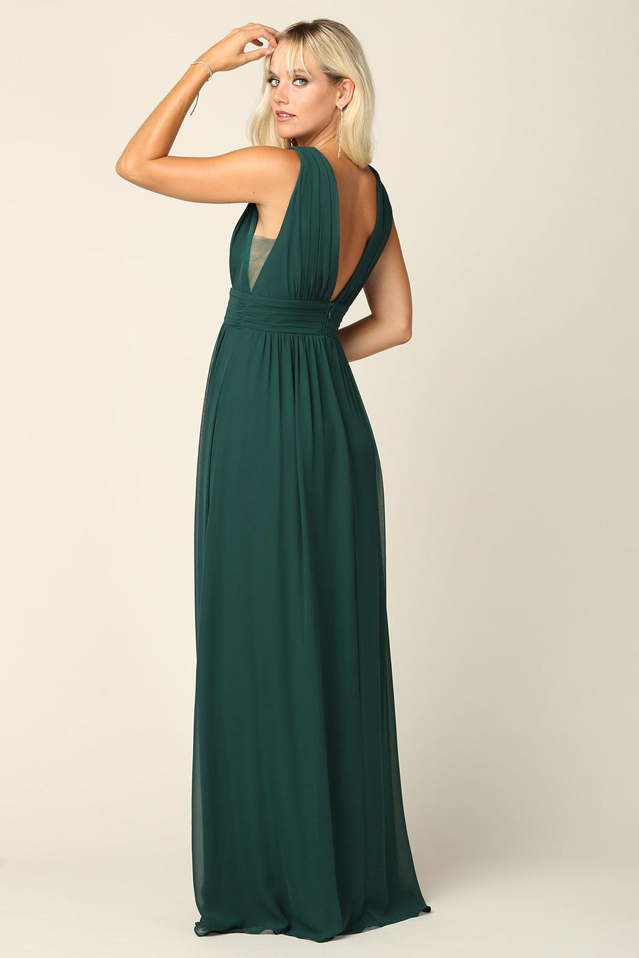 Long Sleeveless Formal Bridesmaids V Neck Dress - The Dress Outlet