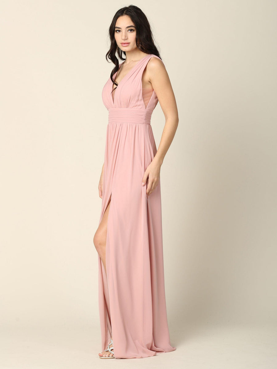 Long Sleeveless Formal Bridesmaids V Neck Dress - The Dress Outlet