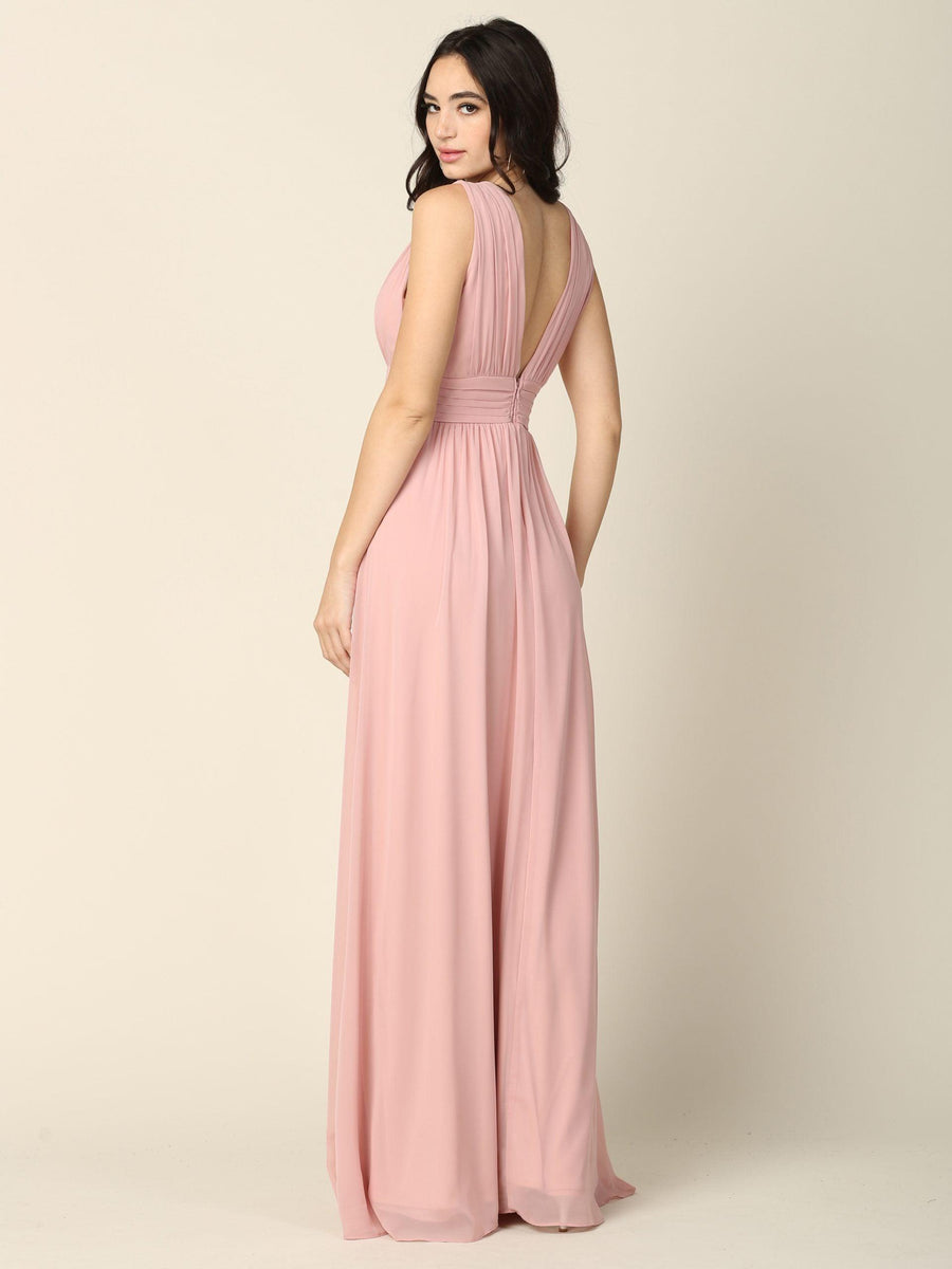 Long Sleeveless Formal Bridesmaids V Neck Dress - The Dress Outlet