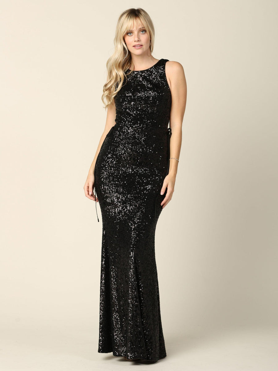 Long Sleeveless Formal Fitted Sequins Dress - The Dress Outlet