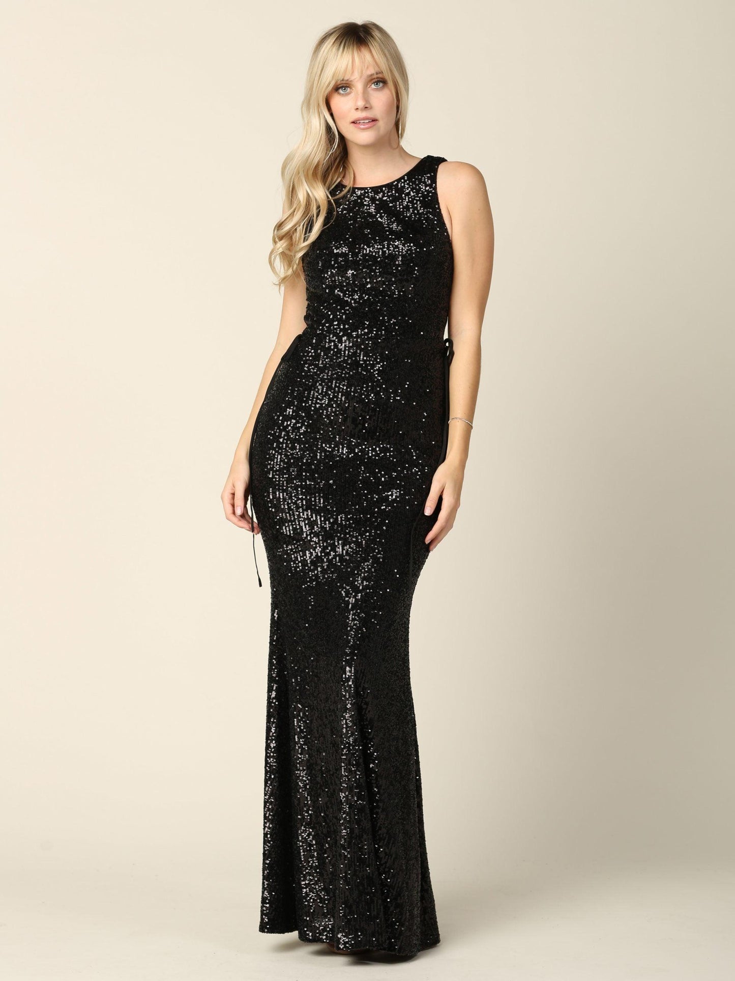 Long Sleeveless Formal Fitted Sequins Dress - The Dress Outlet