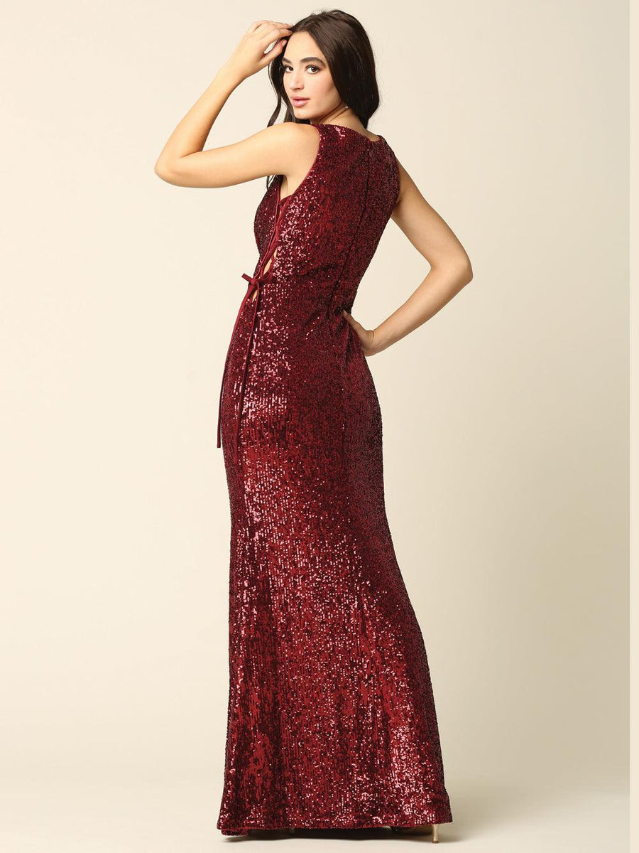 Long Sleeveless Formal Fitted Sequins Dress - The Dress Outlet