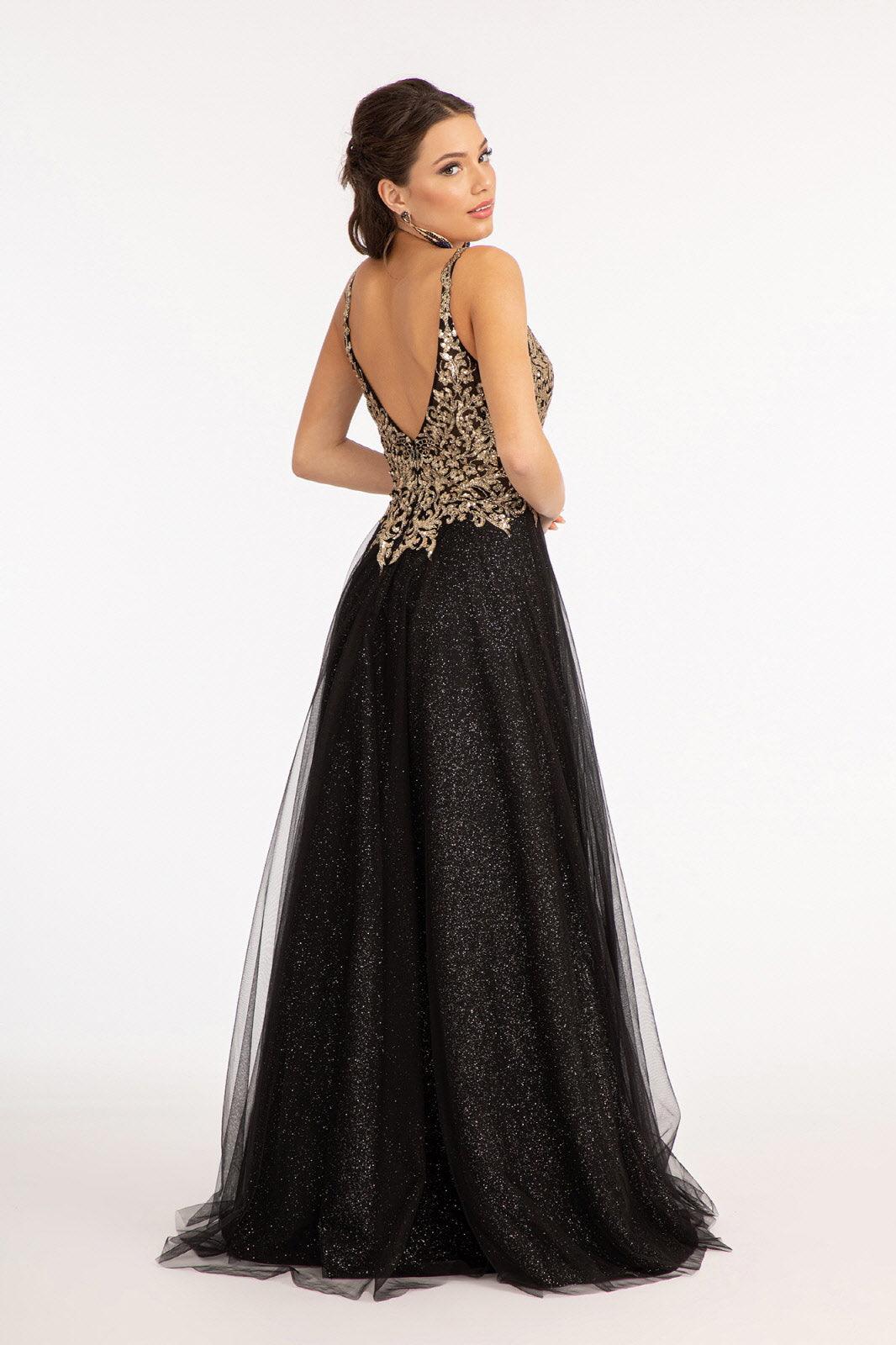 Long Sleeveless Formal Glitter Prom Slit Dress - The Dress Outlet