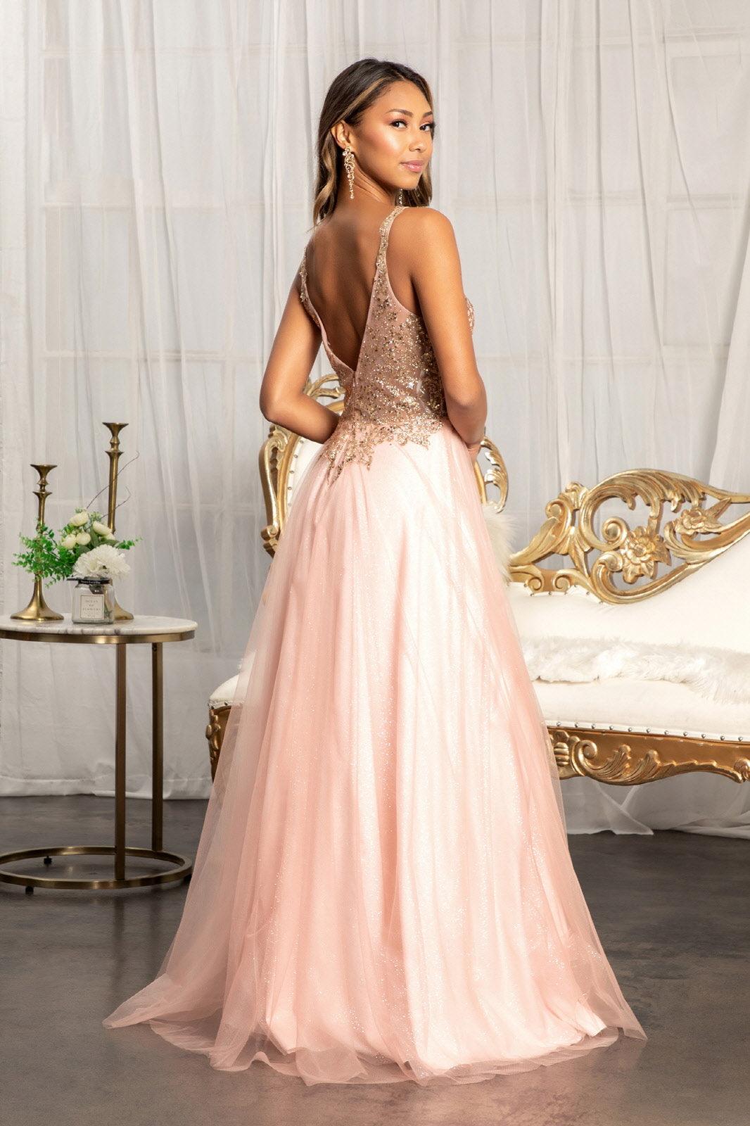 Long Sleeveless Formal Glitter Prom Slit Dress - The Dress Outlet