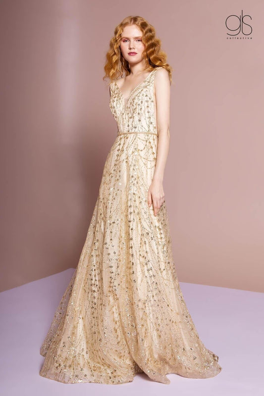 Long Sleeveless Formal Gold Prom Dress - The Dress Outlet Elizabeth K