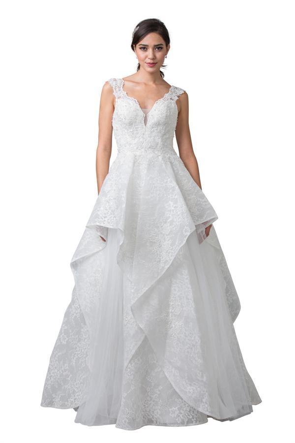 Long Sleeveless Off White Tiered Wedding Gown - The Dress Outlet