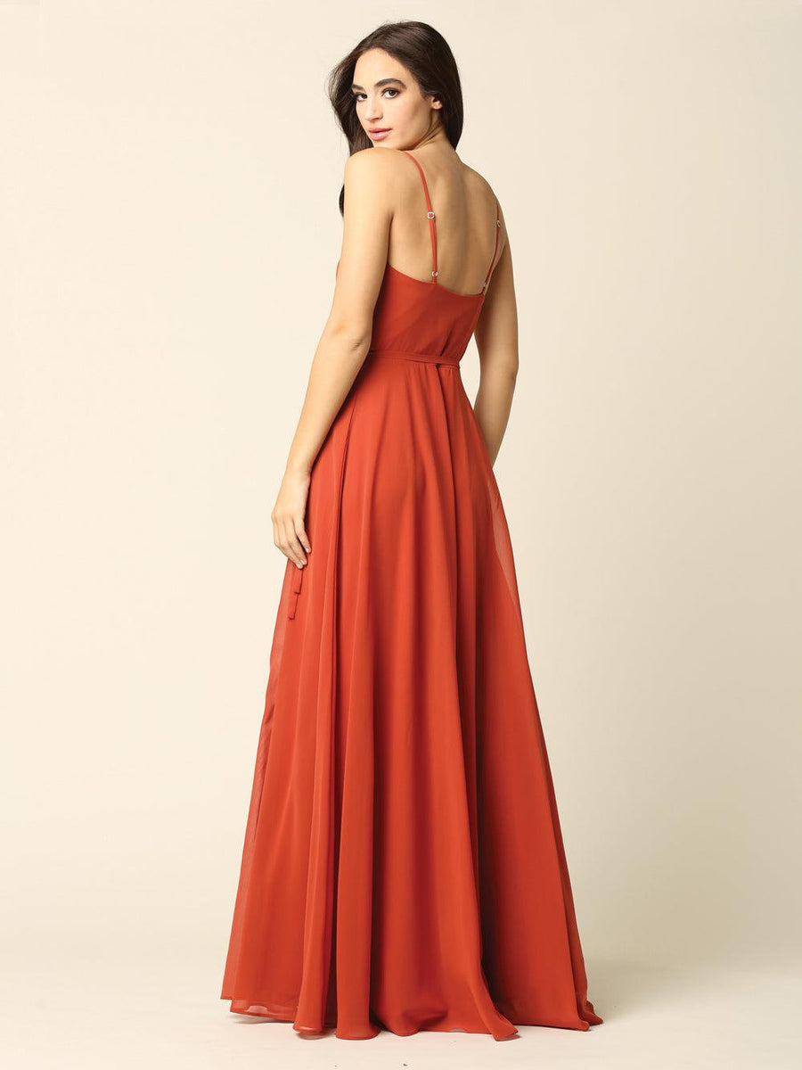 Long Spaghetti Strap Chiffon Wrap Bridesmaids Gown - The Dress Outlet