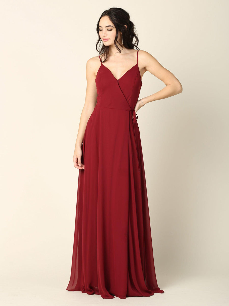 Long Spaghetti Strap Chiffon Wrap Bridesmaids Gown - The Dress Outlet