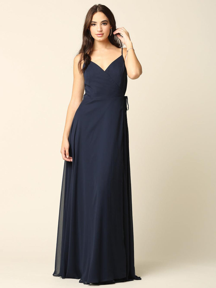 Long Spaghetti Strap Chiffon Wrap Bridesmaids Gown - The Dress Outlet