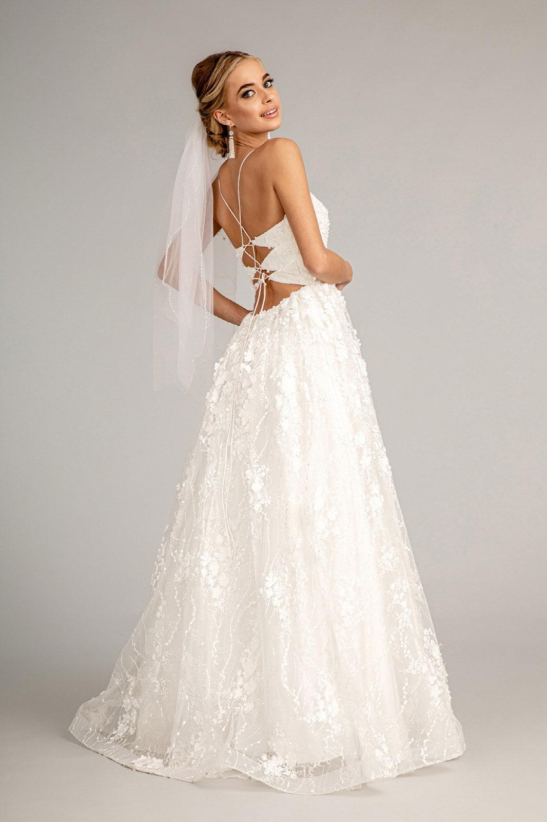 Long Spaghetti Strap Floral Mesh Wedding Dress - The Dress Outlet