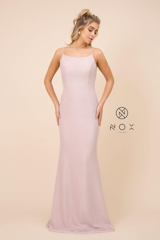 Long Spaghetti Strap Formal Glitter Prom Dress - The Dress Outlet Nox Anabel
