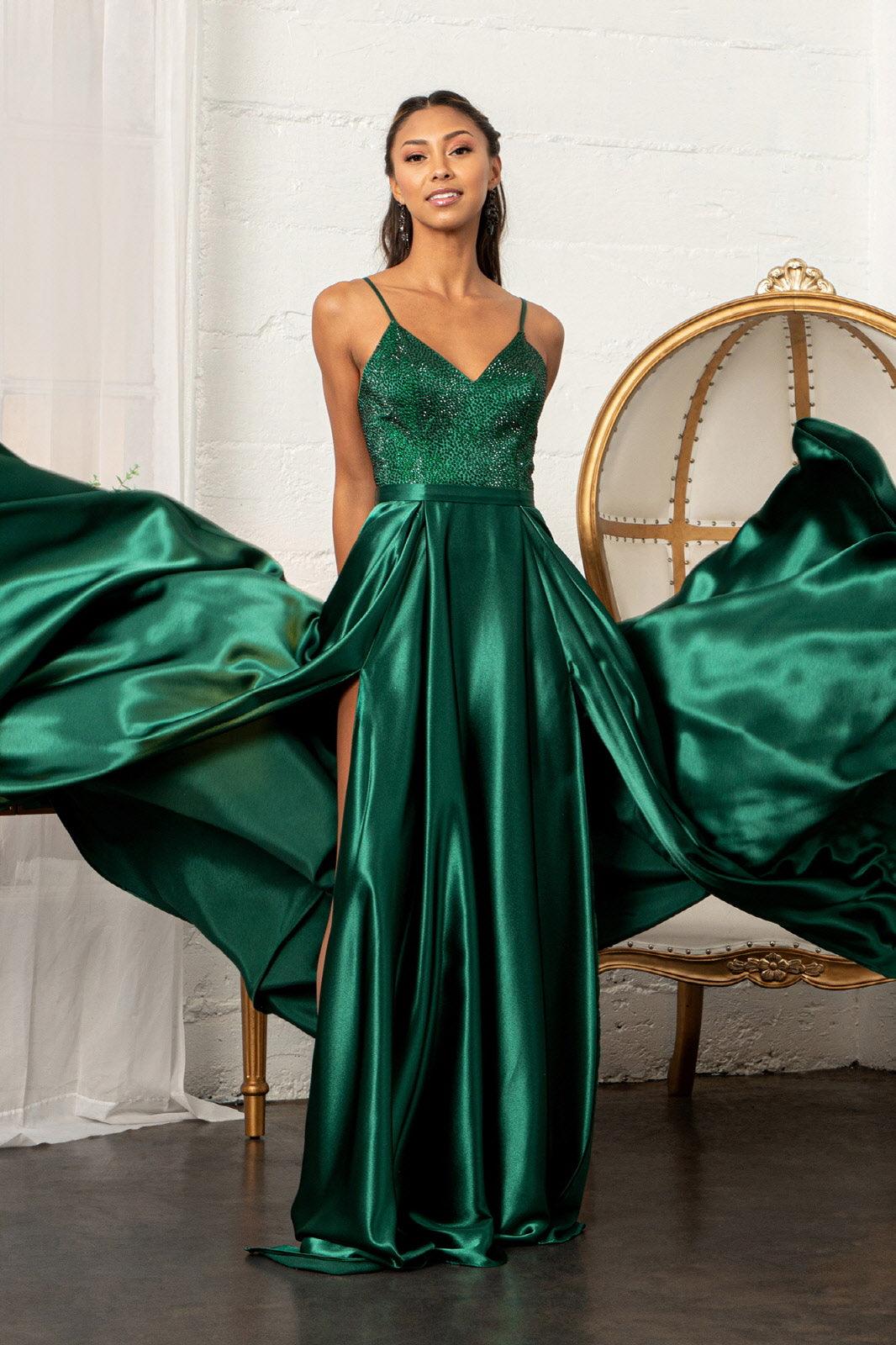 Long Spaghetti Strap Satin Prom Formal Gown - The Dress Outlet