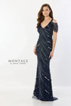 Formal Dresses Long Fitted Sequin Detachable Sleeve Formal Dress Navy Blue