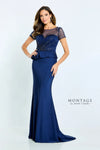 Formal Dresses Beaded Long Formal Pleated Peplum Dress Navy Blue