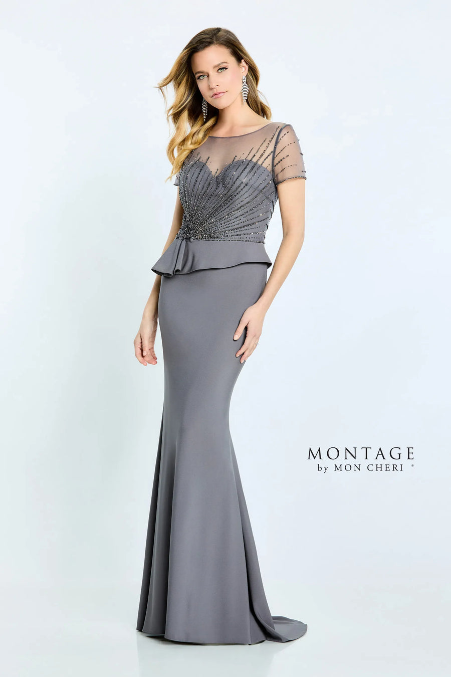 Formal Dresses Beaded Long Formal Pleated Peplum Dress Smoke