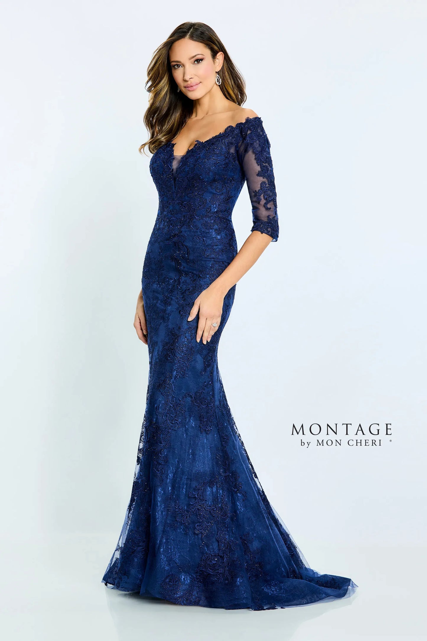 Formal Dresses Long Fitted Formal Beaded Lace Evening Dress Navy Blue