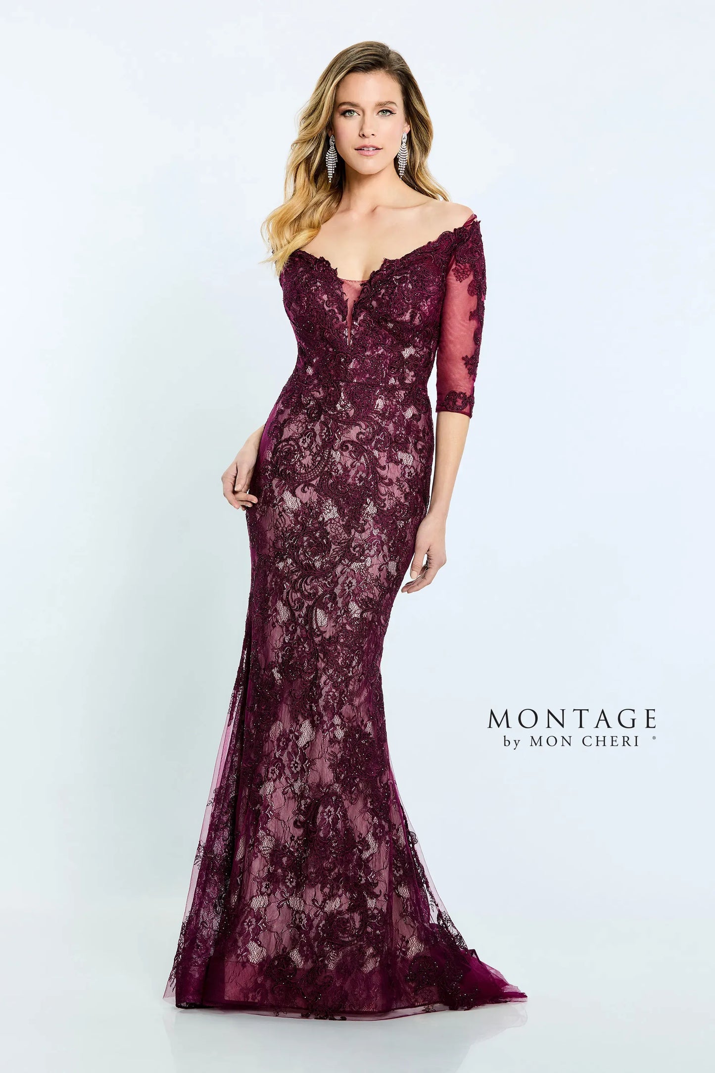Formal Dresses Long Fitted Formal Beaded Lace Evening Dress Wine
