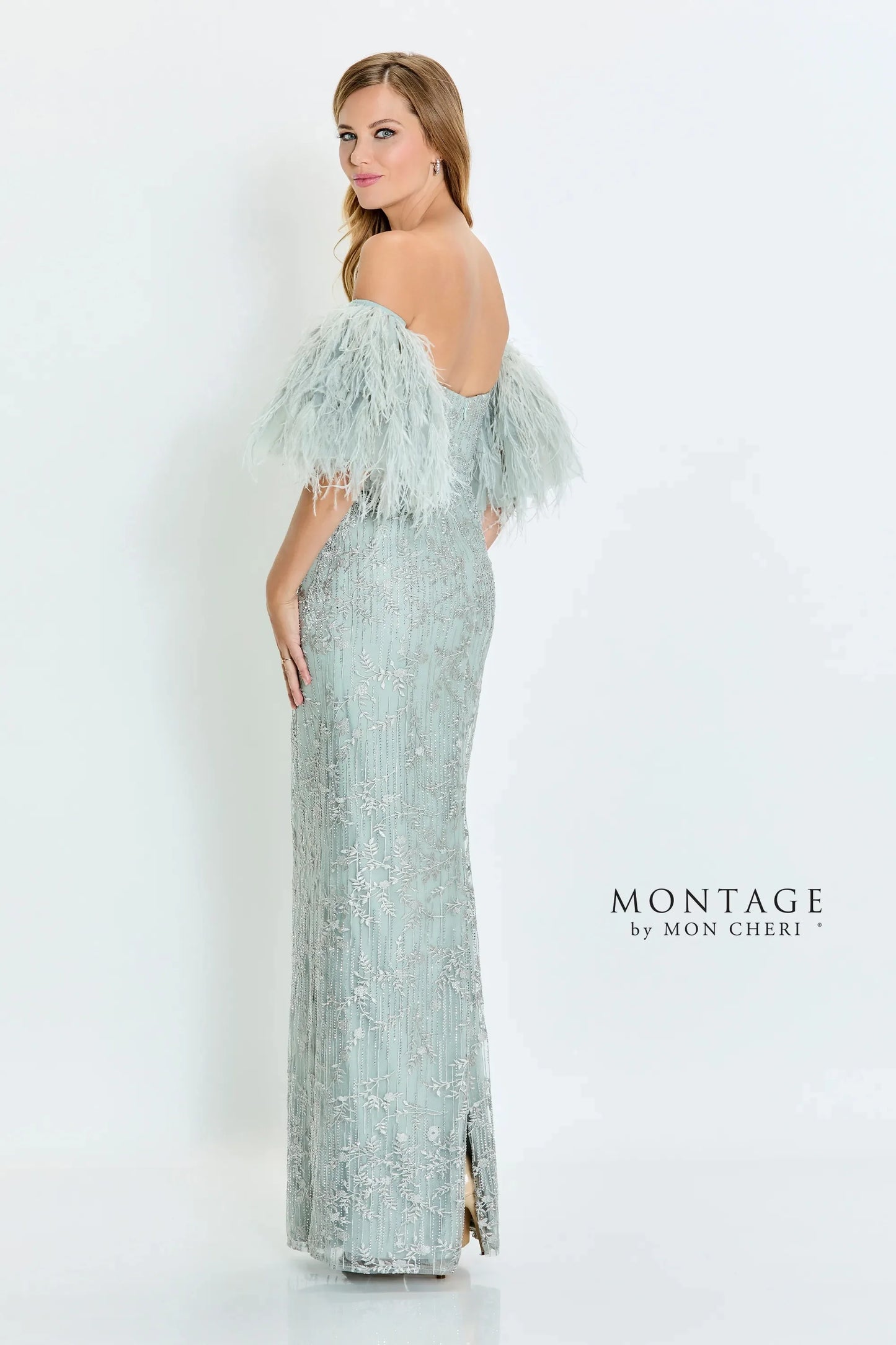 Formal Dresses Fitted Long Formal Detachable Feather Sleeves Evening Dress Light Sage