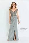 Formal Dresses Long Pleated Formal Beaded Slit Evening Dress Taupe