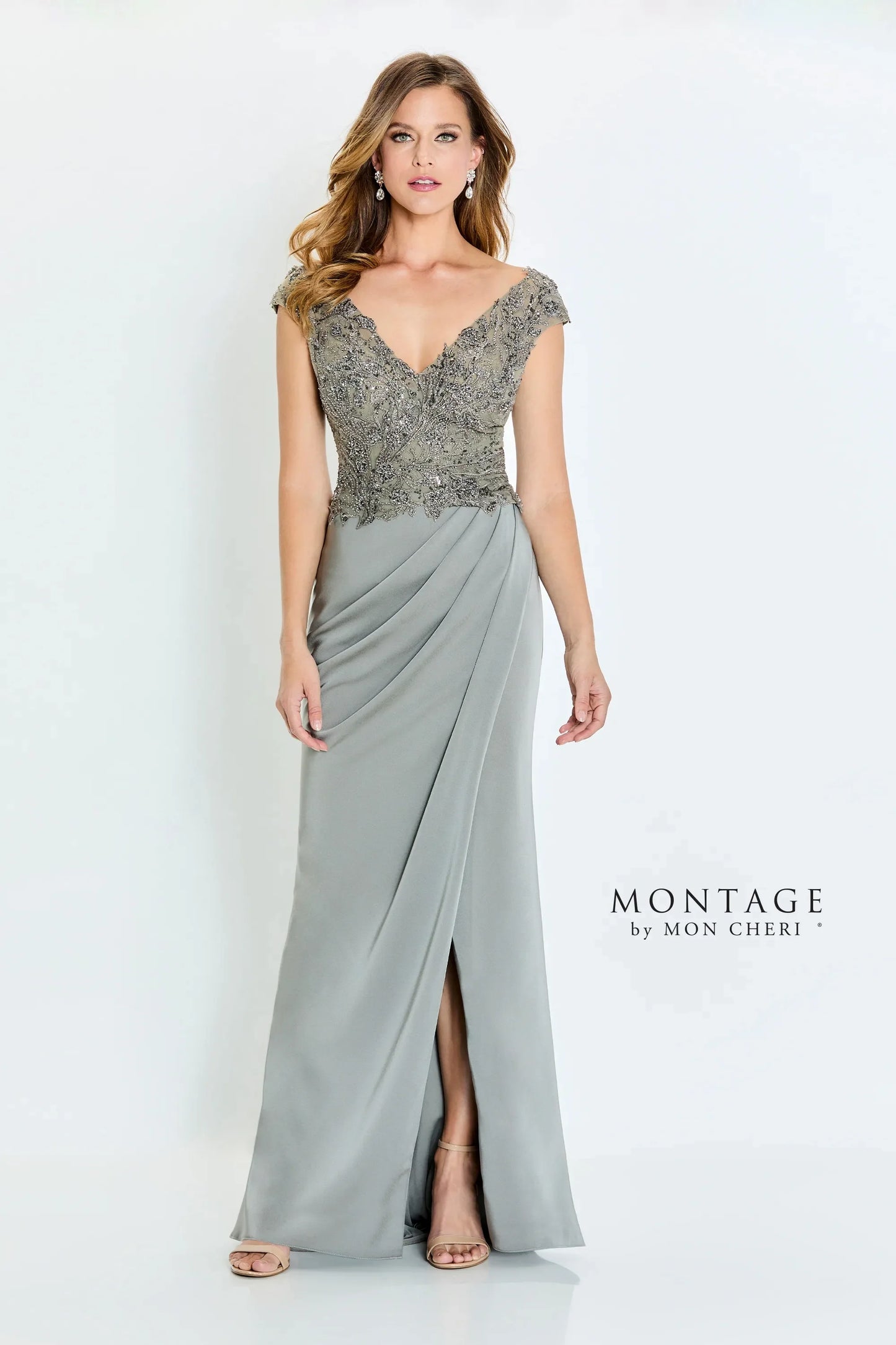 Formal Dresses Long Pleated Formal Beaded Slit Evening Dress Taupe